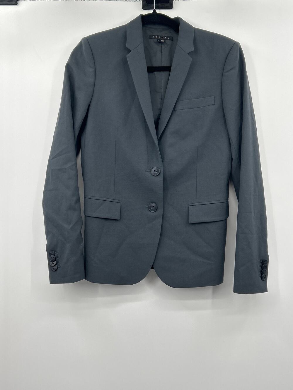 Theory Wool Blend Two-Button Blazer  Size 2 Charcoal Gray Minimalist Office